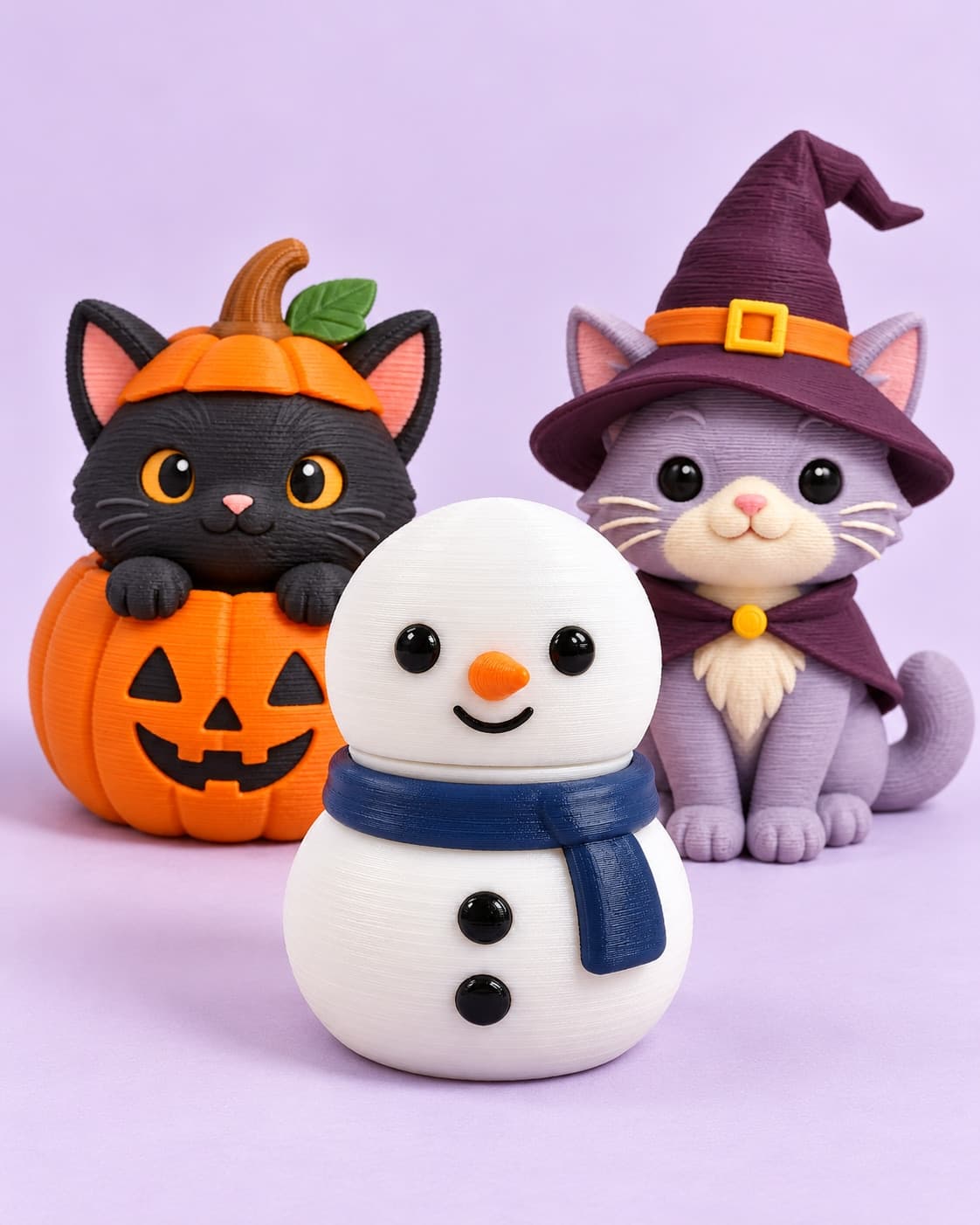 Snowman, pumpkin cat, and lilac witch cat clickers grouped on a pale lilac backdrop